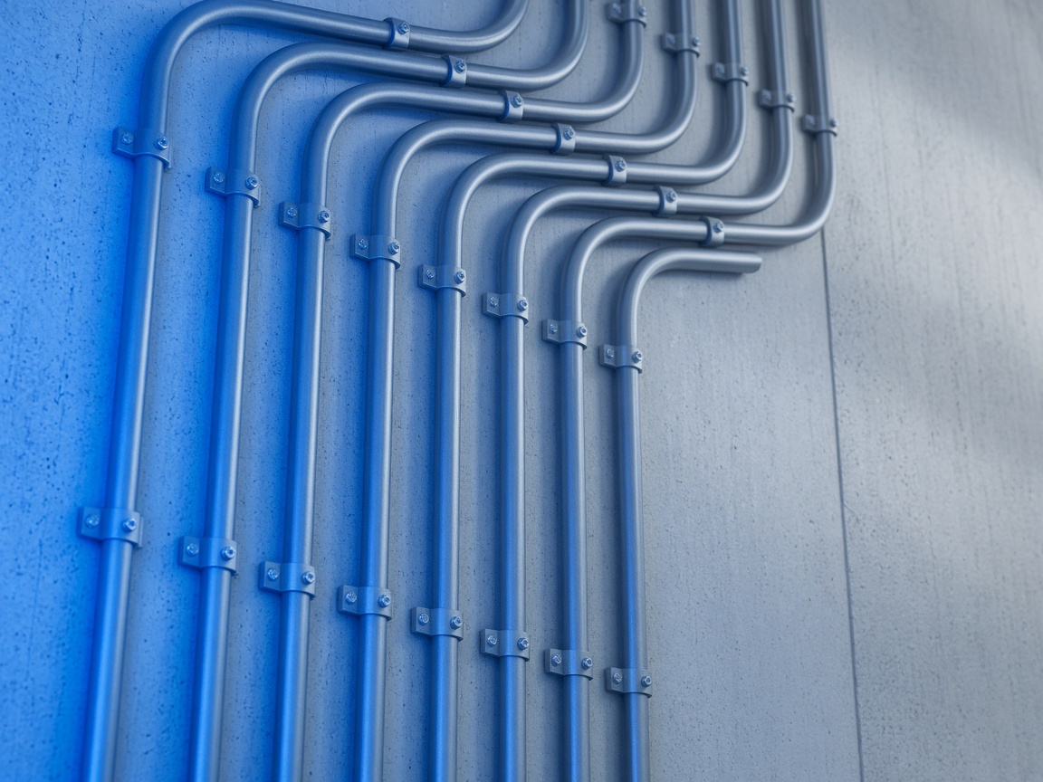 Conduit runs photographed in duotone blueprint style